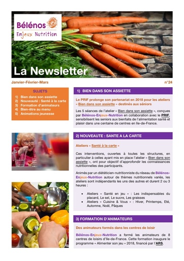 Newsletter 24 - Bélénos Enjeux Nutrition - Janvier/Février/Mars 2018