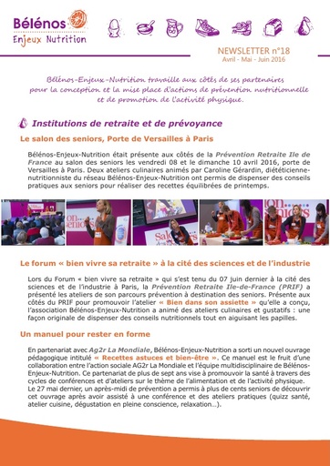Newsletter 18 - Bélénos Enjeux Nutrition - Avril / Mai / Juin 2016