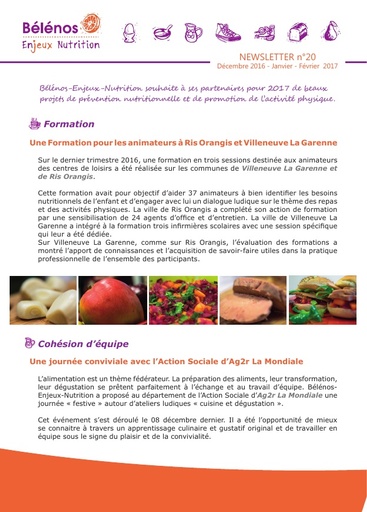 Newsletter 20 - Bélénos Enjeux Nutrition - Décembre 2016 / Janvier - Février 2017