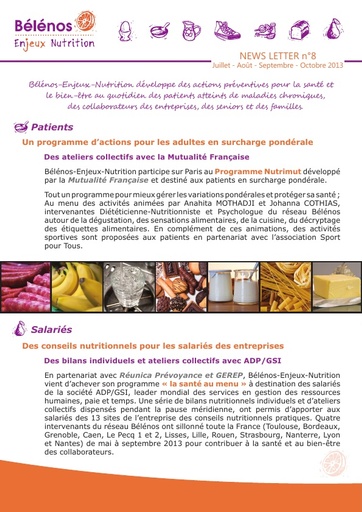 Newsletter 08 - Bélénos Enjeux Nutrition - Juillet / Août / Septembre / Octobre 2013