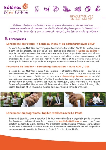 Newsletter 15 - Bélénos Enjeux Nutrition - Mai / Juin / Juillet 2015 