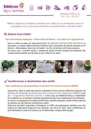 Newsletter 21 - Bélénos Enjeux Nutrition - Mars / Avril / Mai 2017