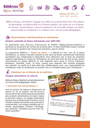 Newsletter 07 - Bélénos Enjeux Nutrition - Avril / Mai / Juin 2013